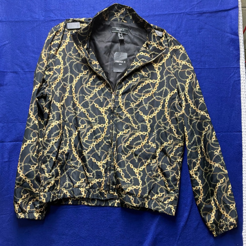 Baroque Mens Forever 21 Chain Print Windbreaker‎ Jacket XL Black Gold